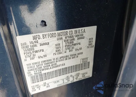 2003 Ford F-150 Lariat/Xlt from USA, damaged, VIN 1FTRW08L63KB05123